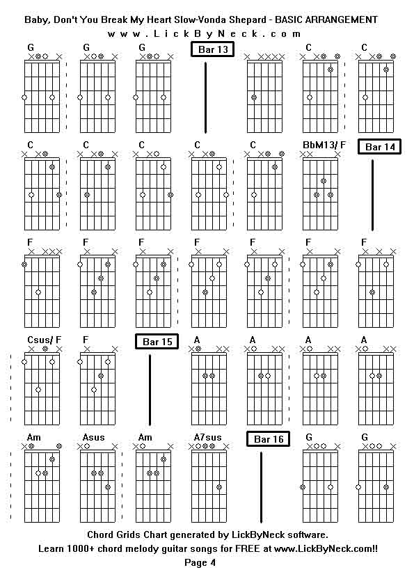 Chord Grids Chart of chord melody fingerstyle guitar song-Baby, Don't You Break My Heart Slow-Vonda Shepard - BASIC ARRANGEMENT,generated by LickByNeck software.